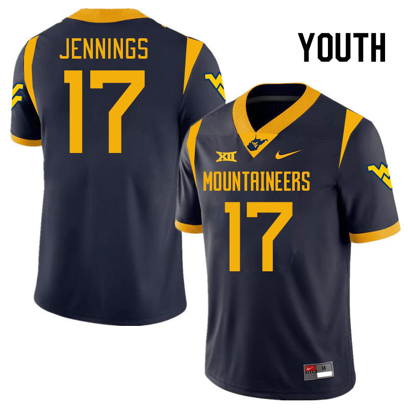 Youth #17 Zae Jennings West Virginia Mountaineers College 2024 New Uniforms Football Jerseys Stitche